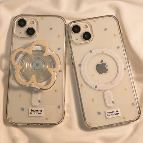 【お取り寄せ商品】iPhoneケース スマホケース iPhone15 iPhone14 Magsafe 磁気 ワイヤレス充電 フラワーグリップ 透明 ドット かわいい 韓国 L7860