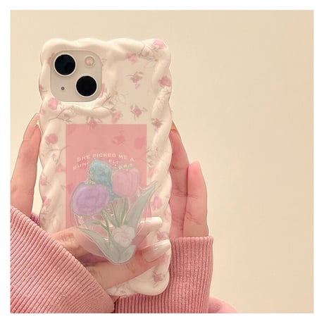 【お取り寄せ商品】iPhoneケース iPhone15 iPhone14 iPhone13 可愛い ピンク  韓国ケース グリップ付き 花柄 L6213