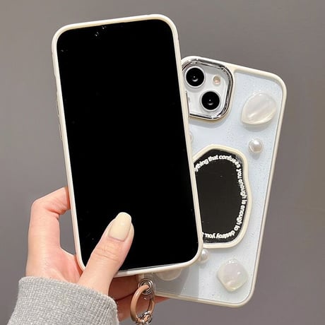 【お取り寄せ商品】iPhone ケース case iPhone13 iPhone14 iPhone15 ミラー 英字 ストーン 立体 ストラップ付き アシンメトリー オシャレ スマホケース L7193