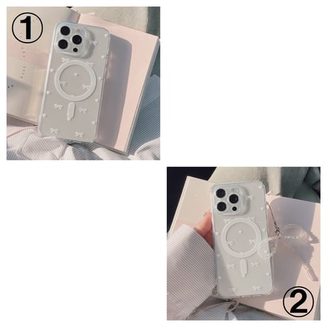 【お取り寄せ商品】iPhoneケース スマホケース iPhone15 iPhone14 Magsafe 磁気吸引ケース チャーム付き 透明 リボン ハート かわいい ガーリー 韓国 L7801
