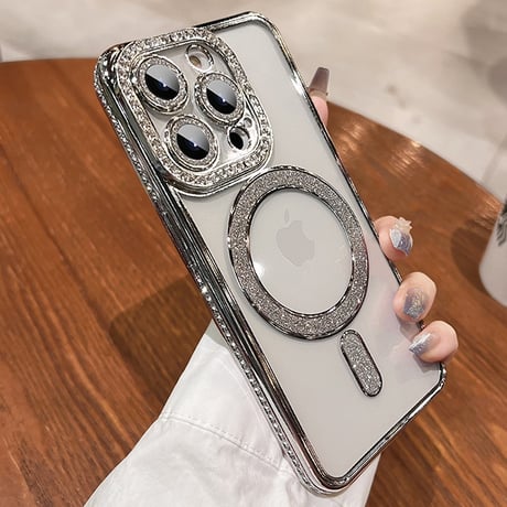 【お取り寄せ商品】iPhoneケース スマホケース iPhone15 iPhone14 メッキフレーム ラインストーン グリッター Magsafe マグネット シンプル 高級感  韓国 L7600