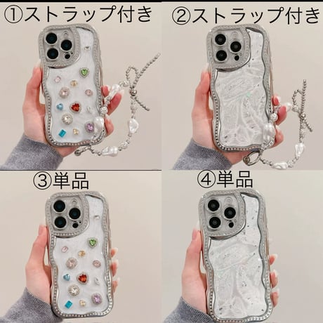 【お取り寄せ商品】iPhoneケース スマホケース iPhone16 iPhone15 iPhone14 かわいい ストーン 韓国 おしゃれ ハンドストラップ付き ウェーブ L9375