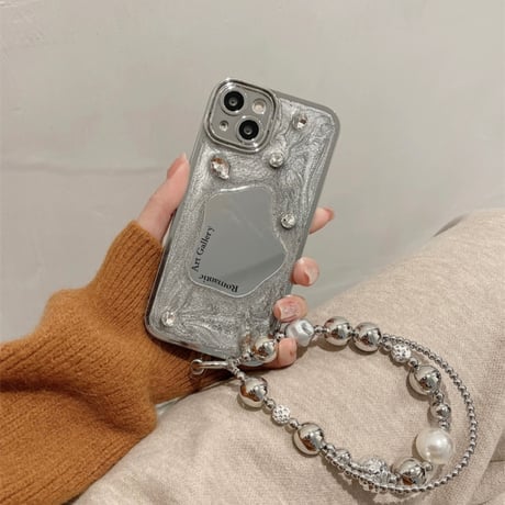 【お取り寄せ商品】iPhoneケース スマホケース iPhone15 iPhone14 かわいい グレー ストーン ミラー L9257