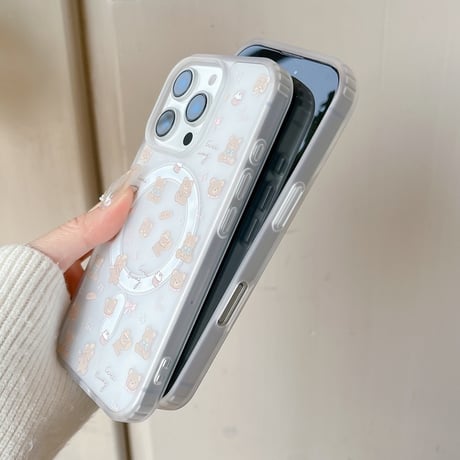 【お取り寄せ商品】iPhoneケース スマホケース iPhone16 iPhone15 iPhone14 可愛い スモーキーカラー クリア くま柄 MagSafe L9331