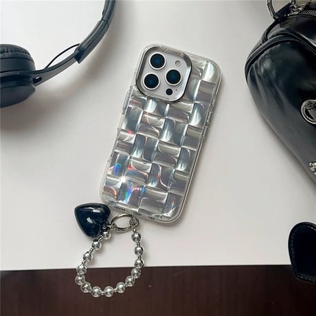 【お取り寄せ商品】iPhoneケース スマホケース iPhone16 iPhone15 iPhone14 おしゃれ シルバー クリア チェック ブラックハート ストラップ付き L9551