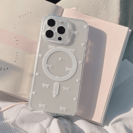 【お取り寄せ商品】iPhoneケース スマホケース iPhone15 iPhone14 Magsafe 磁気吸引ケース チャーム付き 透明 リボン ハート かわいい ガーリー 韓国 L7801