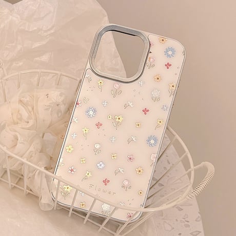 【お取り寄せ商品】iPhoneケース スマホケース iPhone16 iPhone15 iPhone14 韓国 フラワー シルバー サイド ケース L9829