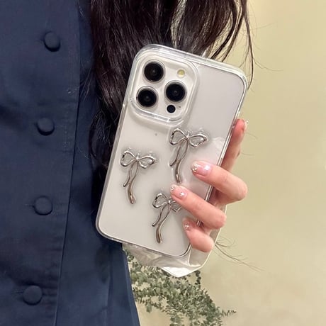 【お取り寄せ商品】iPhoneケース スマホケース iPhone15 iPhone14 立体 リボン メタル 透明 クリア シンプル かわいい 韓国 L7642