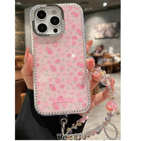 【お取り寄せ商品】iPhoneケース スマホケース iPhone16 iPhone15 iPhone14 可愛い ストーン ピンク 花柄 チューリップ デイジー L9523