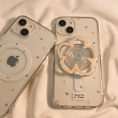 【お取り寄せ商品】iPhoneケース スマホケース iPhone15 iPhone14 Magsafe 磁気 ワイヤレス充電 フラワーグリップ 透明 ドット かわいい 韓国 L7860