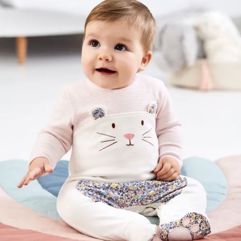 Jojo Maman Bebe】 MOUSE APPLIQUÉ BABY SLEEPSUIT...