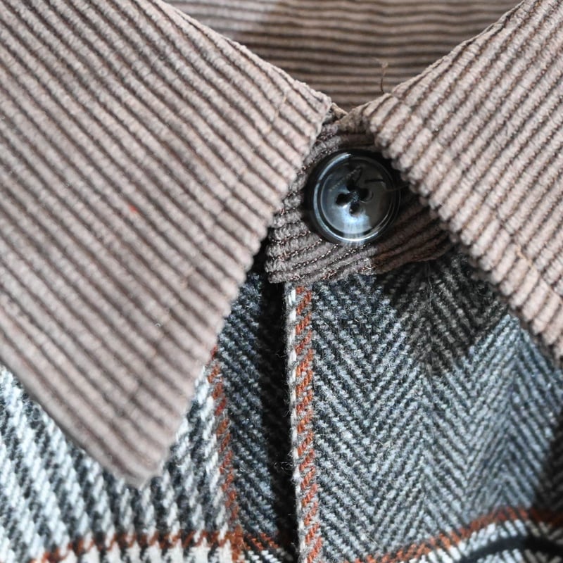 襟コーデュロイ 袖ギャザーチェック柄ボリューム抜け衿シャツ  