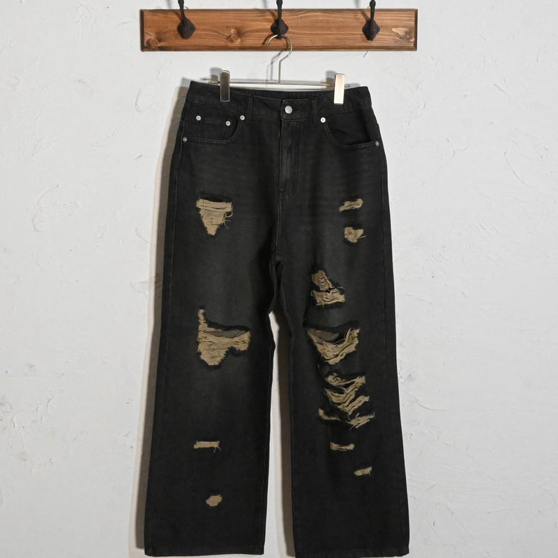 ほぼ未使用■OPENINGACT【M】バギーデニム ダメージ ブラック 黒 ほぼ未使用□OPENINGACT【M】バギーデニム ダメージ ブラック 黒