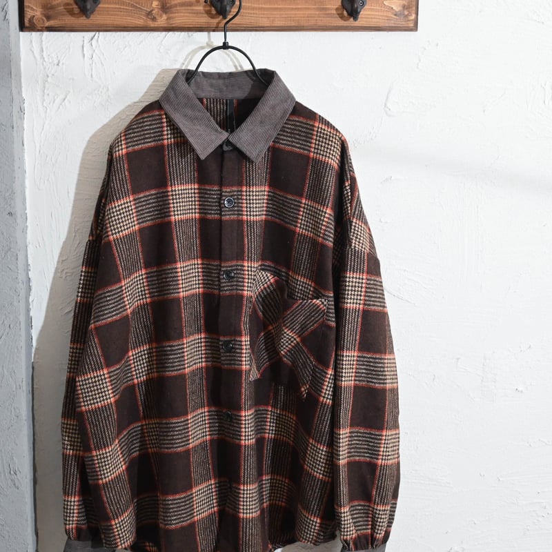 襟コーデュロイ 袖ギャザーチェック柄ボリューム抜け衿シャツ  