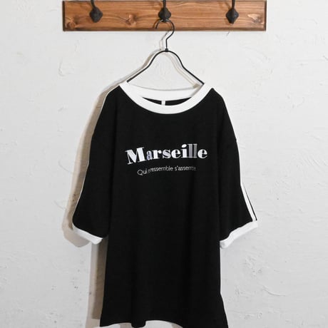 16/TC 天竺袖ライン 刺繍Tシャツ(ハートLOGO、Marseille）