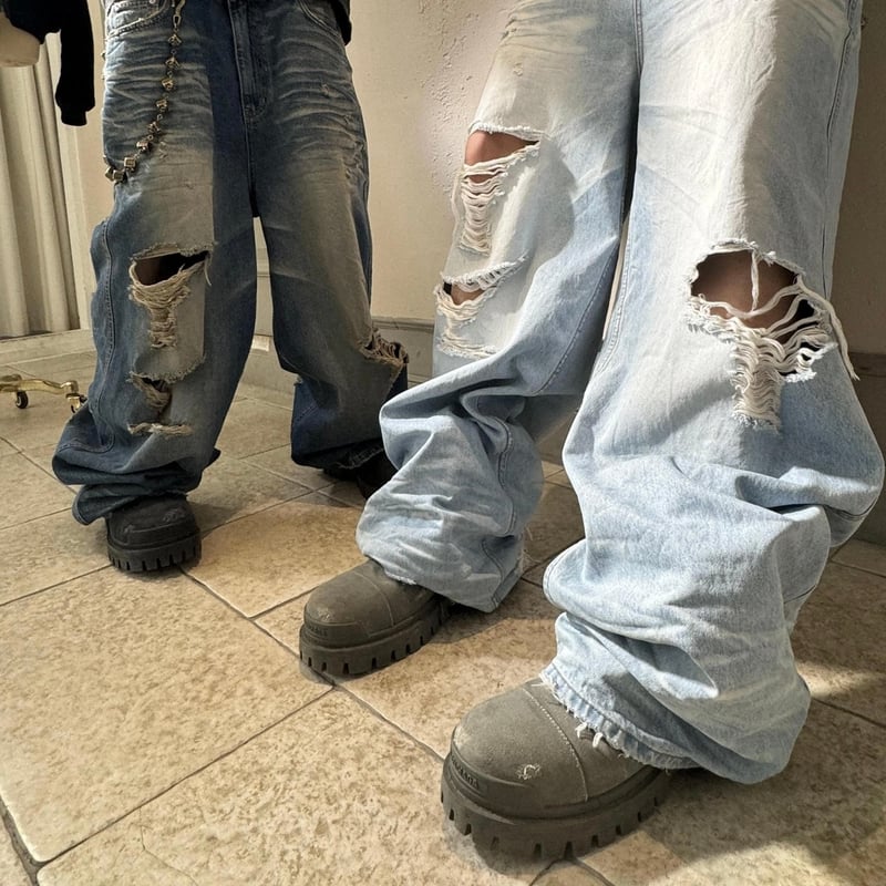 EMOSTANCECLUB】DESTROYED BAGGY WIDE LEG JEANS L EMOSTANCECLUB】DESTROYED BAGGY WIDE LEG JEANS L