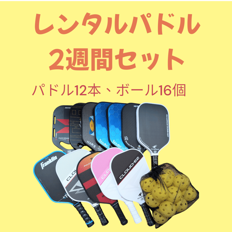 A:レンタル標準パドル2週間（樹脂製パドル12本、ボール16個、14日間