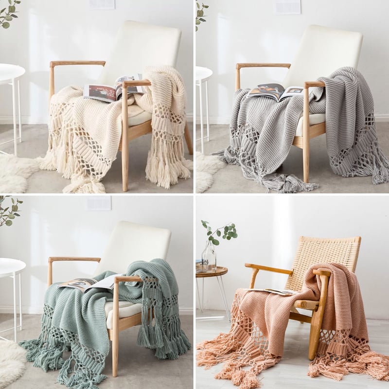 スローハウス　ストライプデザイン タッセル付きブランケット スローハウス ストライプデザイン タッセル付きブランケット