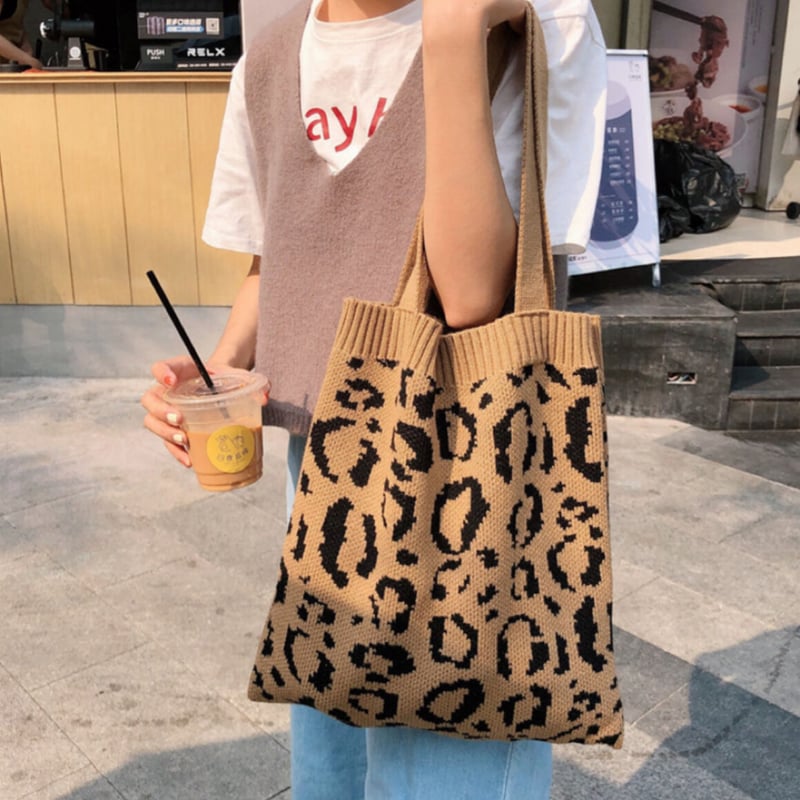 アニマル柄 ヒョウ柄 トートバッグ ニット 豹柄 韓国バッグ