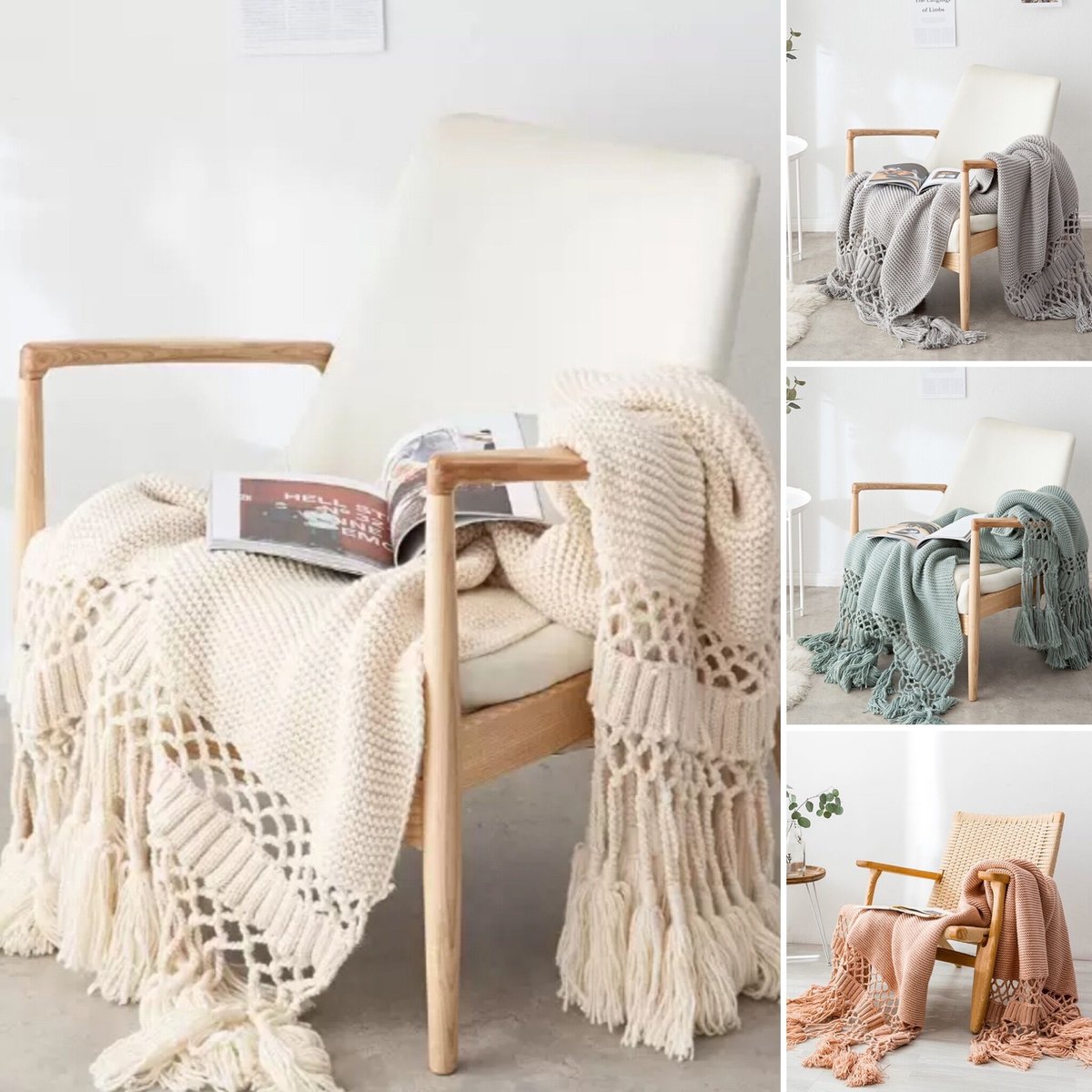 タッセル フリンジ付き ニットブランケット 膝掛け 大判 | Petit