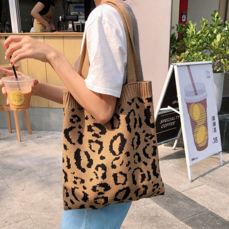 アニマル柄 ヒョウ柄 トートバッグ ニット 豹柄 韓国バッグ