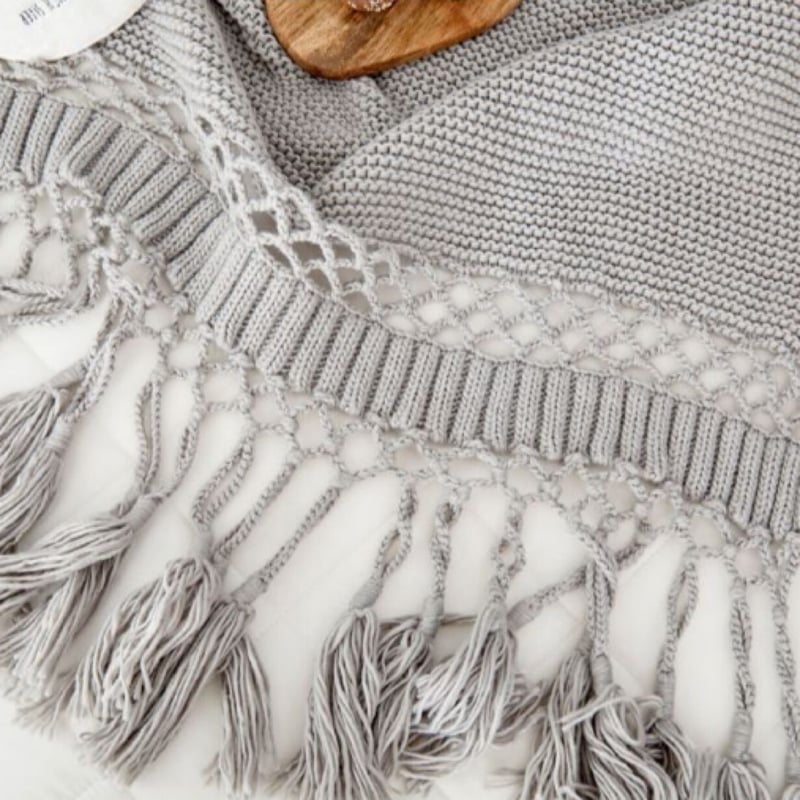ベージュ編み込みブランケット フリンジ付き タッセル フリンジ付き ニットブランケット 膝掛け 大判 | Petit