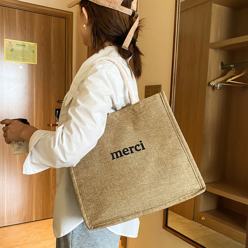 トートバッグ 麻バッグ 麻 リネン マチあり バッグ ロゴ 英字