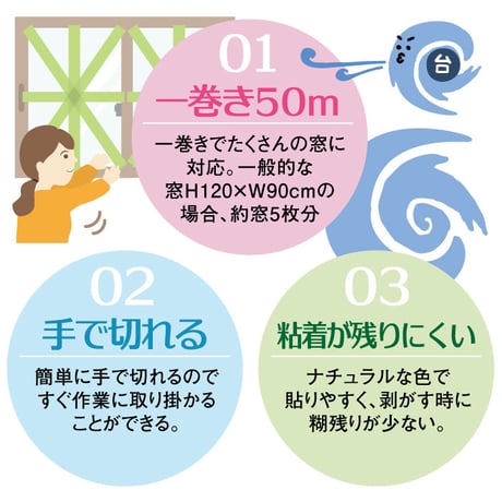 養生テープ 50mm×50M 窓ガラス 飛散防止 テープ PDT-50 台風 対策