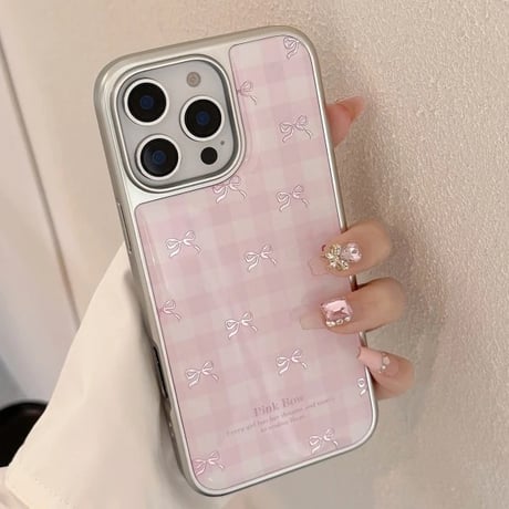 S74672 ピンクリボンのギンガムiPhoneケース