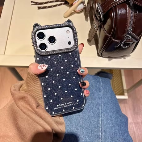 S75275 猫耳ビジューフレームドットiPhoneケース