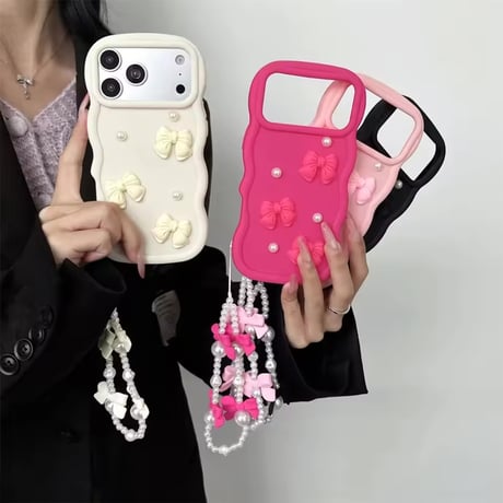 S75502 立体リボンパールストラップiPhoneケース