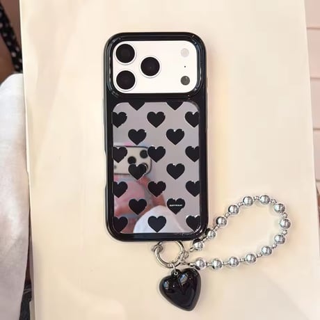 K23171 ブラックハートミラーストラップ付きiPhoneケース