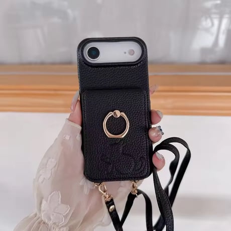 K22961 ねこモチーフ ミラー＆カードポケット付き iPhoneケース（ストラップ付き）