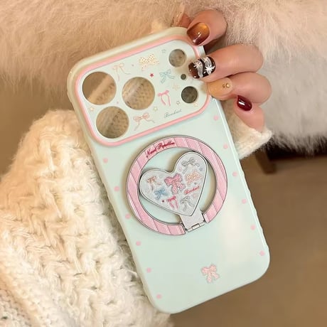 K23080 リボンハート MagSafeグリップ付きガーリーiPhoneケース