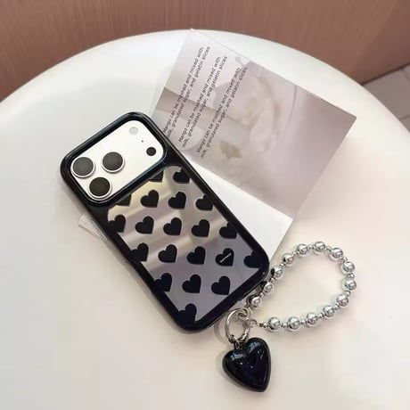 K23171 ブラックハートミラーストラップ付きiPhoneケース