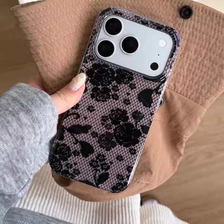 S75607 ブラックレースローズ iPhoneケース