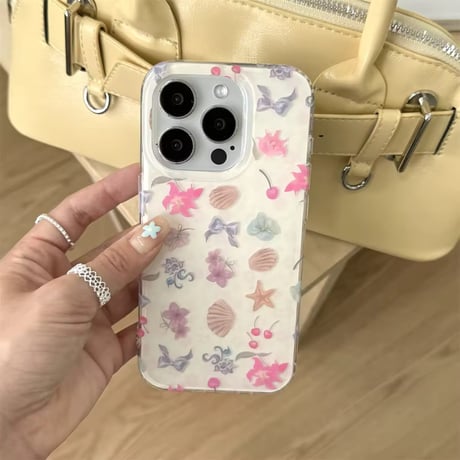 S74806 ピンク貝がらとチェリーのガーリーiPhoneケース