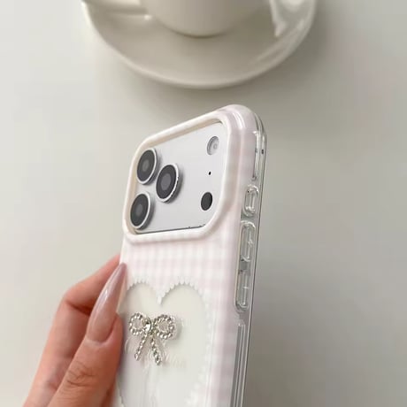S75671 ギンガムハートリボンチャーム付き iPhoneケース