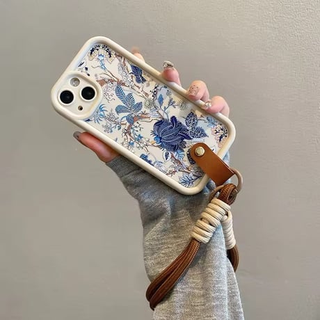K22928 ブルーボタニカル柄 ストラップ付き iPhoneケース