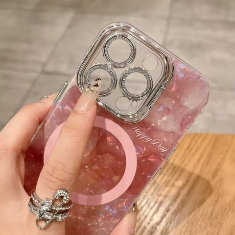 K22795 パールマーブルのカメラフレームスタンド付きMagSafe対応iPhoneケース