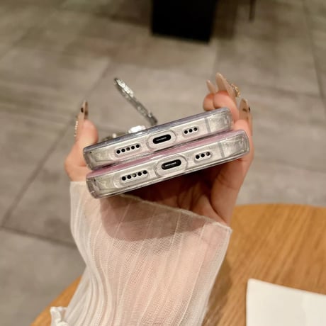 K22795 パールマーブルのカメラフレームスタンド付きMagSafe対応iPhoneケース