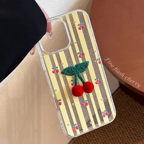 S75149 ぷちチェリー×ストライプ iPhoneケース（ビーズストラップ付き）