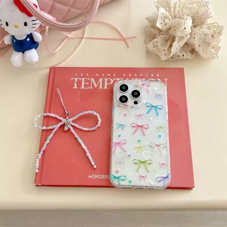 L62225 カラフルリボンとハートのビーズストラップ付きiPhoneケース