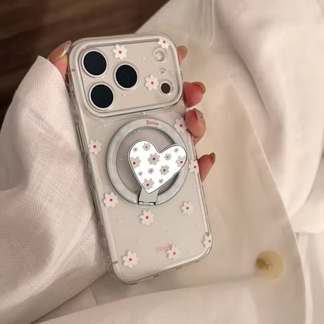 K23081 フラワーハートMagSafeグリップ付きクリアiPhoneケース
