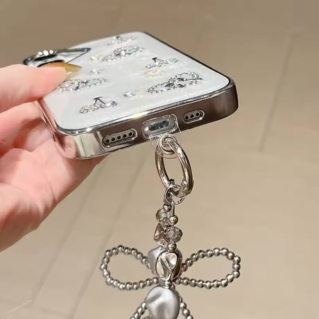 K22695 ビジューハートチェリーストラップ付きiPhoneケース