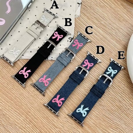 N00151 リボン刺繍デニム Apple Watchバンド