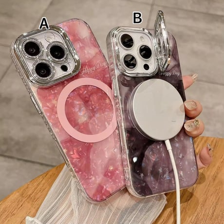 K22795 パールマーブルのカメラフレームスタンド付きMagSafe対応iPhoneケース