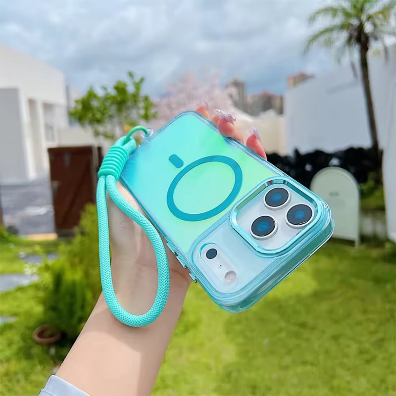 K22872 カラフルMagSafe対応クリアiPhoneケース（ストラップ付き
