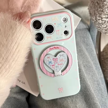 K23080 リボンハート MagSafeグリップ付きガーリーiPhoneケース