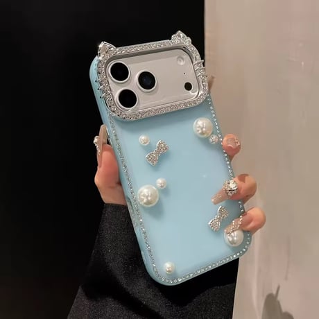 S75247 パールリボン ビジューフレーム iPhoneケース